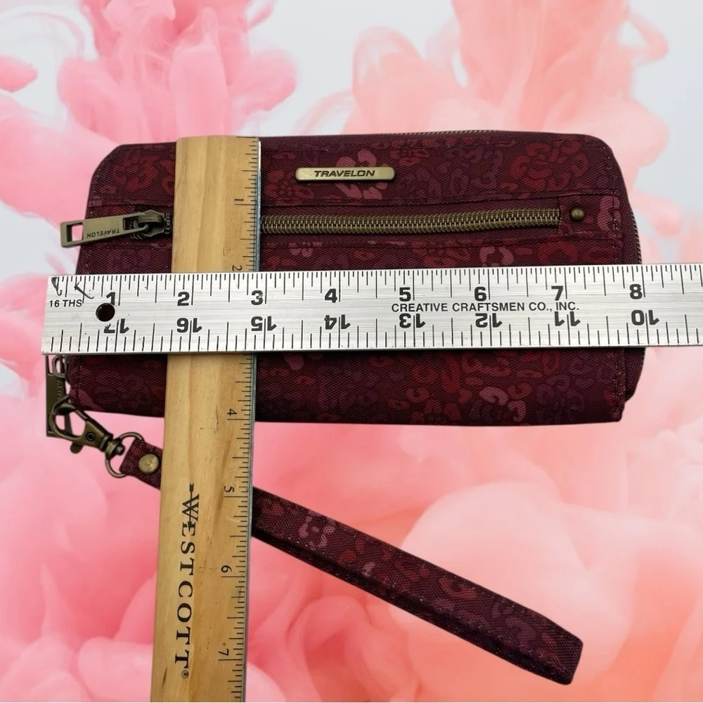 Travelon RFID Blocking Single Zip Wallet Floral Burgundy Rose Design